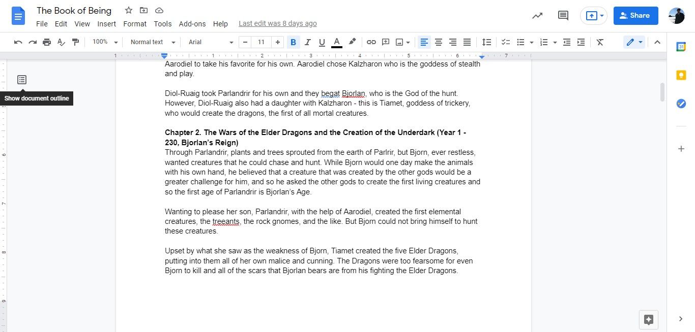 Google Docs with Outline feature collapsed.