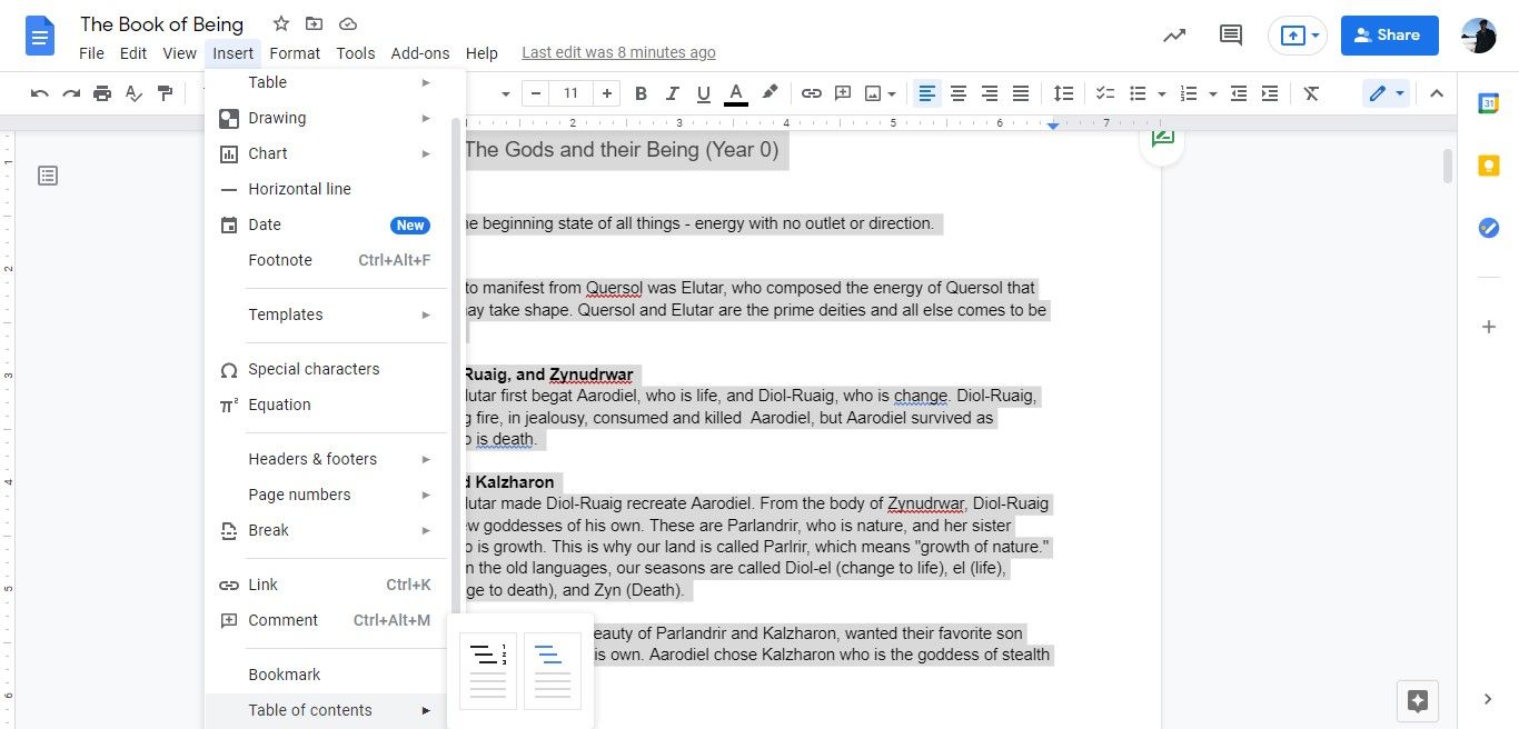 The Google Docs Insert Table of Contents menu