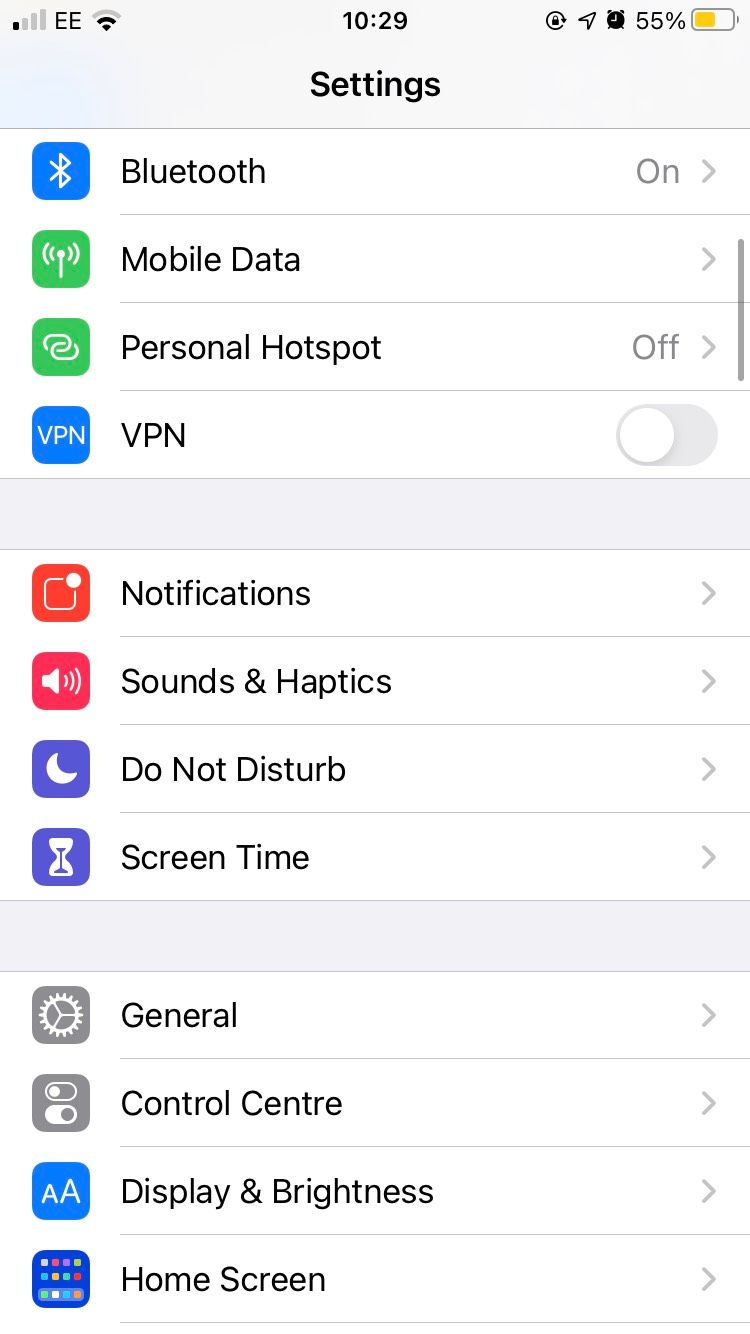 settings app on iphone