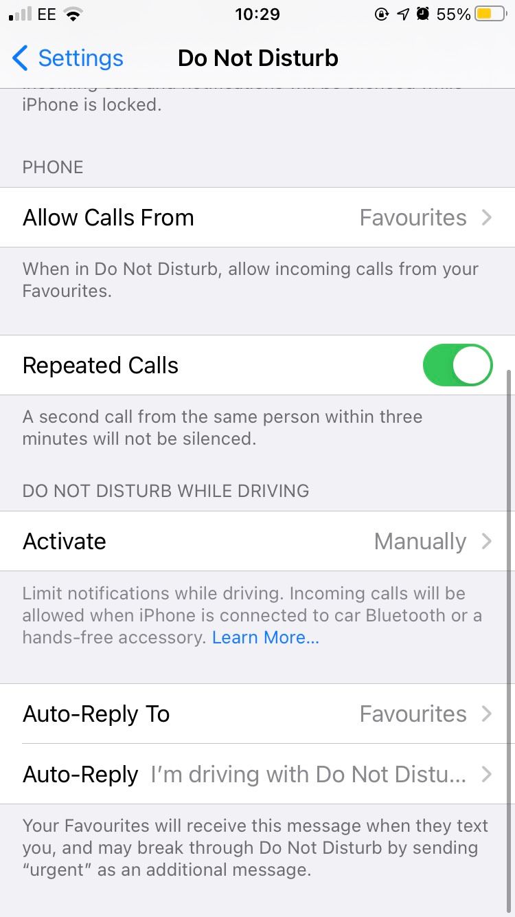 do not disturb mode setting page on iphone
