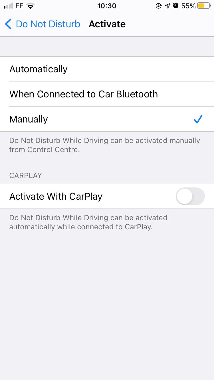 do not disturb while driving page on ios settings