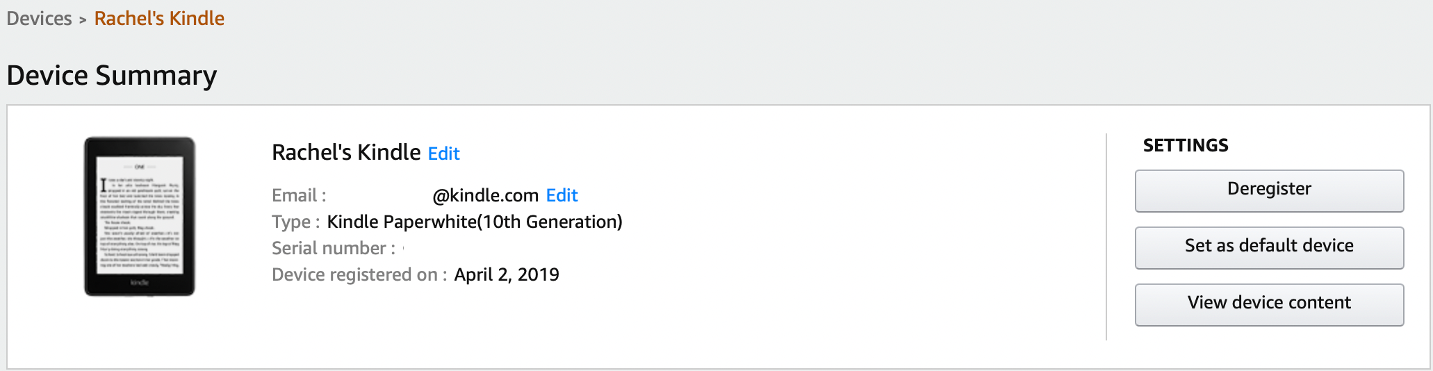 Kindle device description showing email