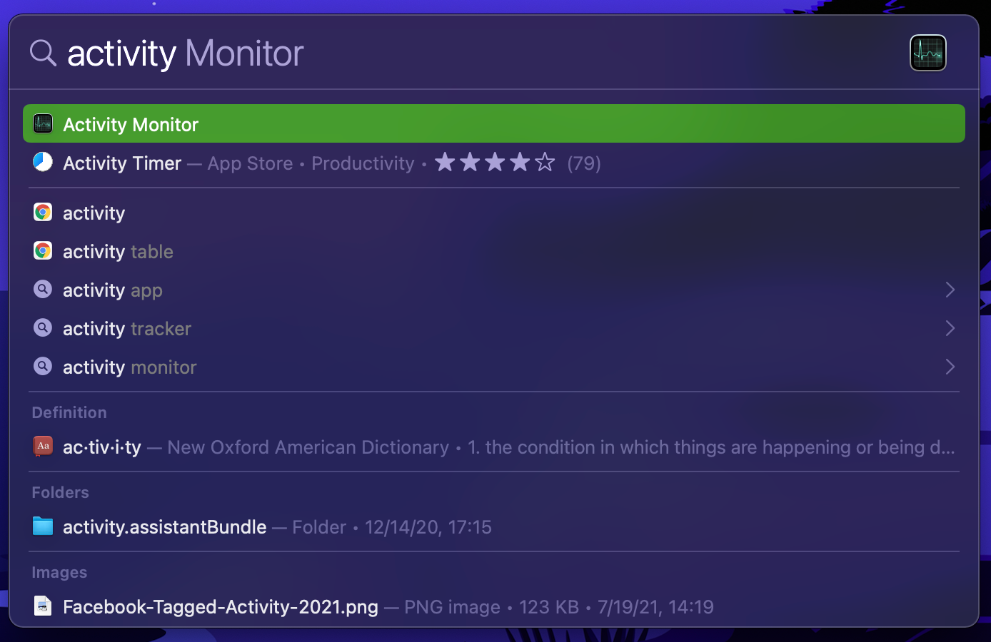 Finding Activity Monitor using Spotlight search