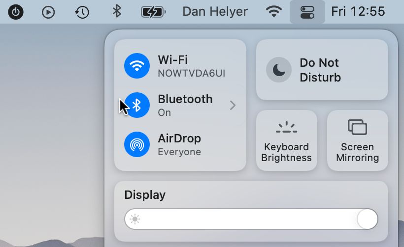 Mac Control Center showing Wi-Fi and Bluetooth toggles