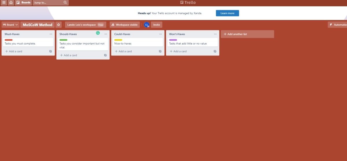 Screenshot of Trello board