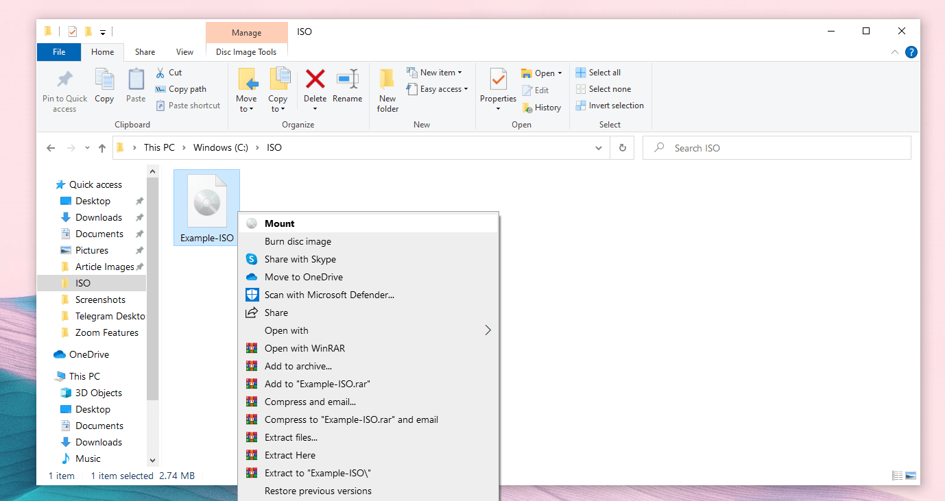 Mount ISO files in File Explorer from context menu
