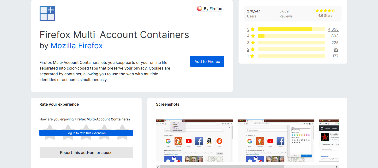 Screenshot of Multi-Account Containers' Addon Page