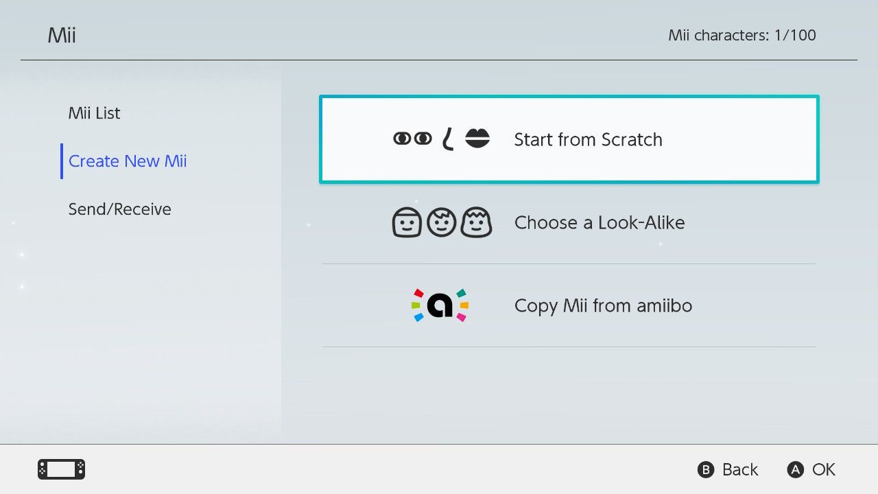 Nintendo Switch Create a Mii Settings