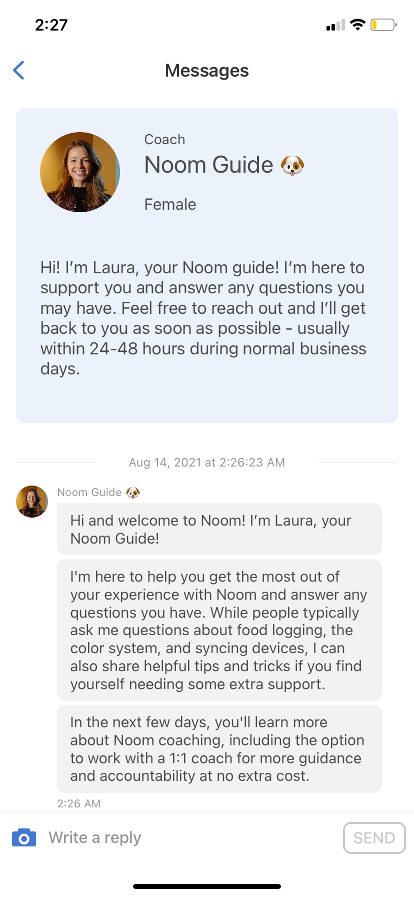 The Messages section of the Noom app, where a chat with the Noom guide has begun