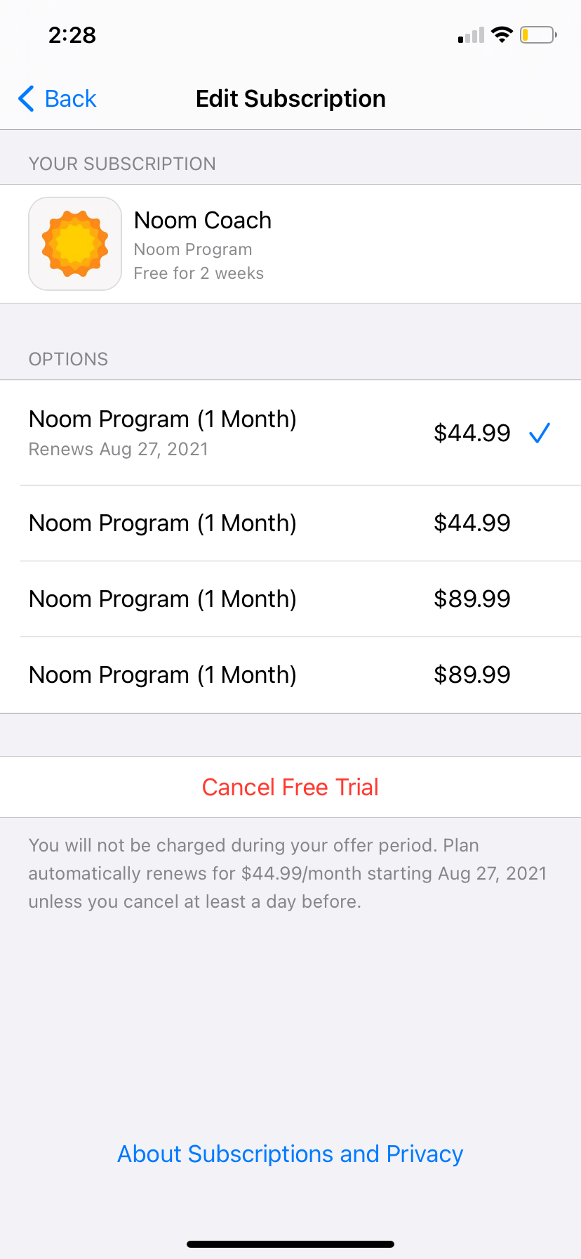 Noom app subscription open in iPhone Settings, with Cancel Free Trial button visible