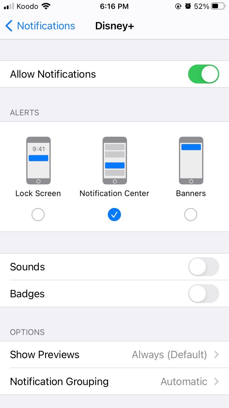 Notifications Settings for an App