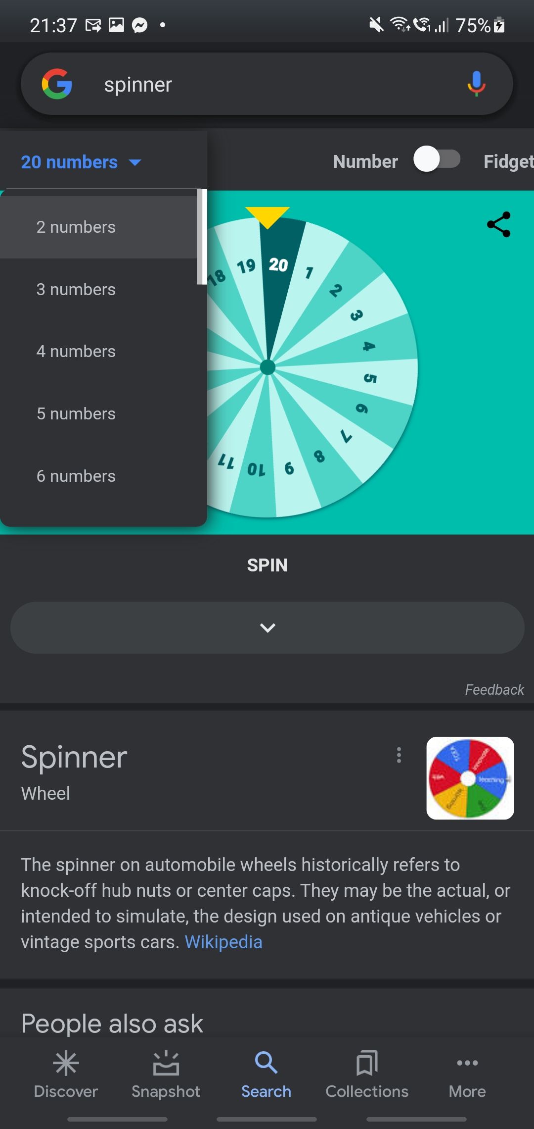Number spinner wheel size menu