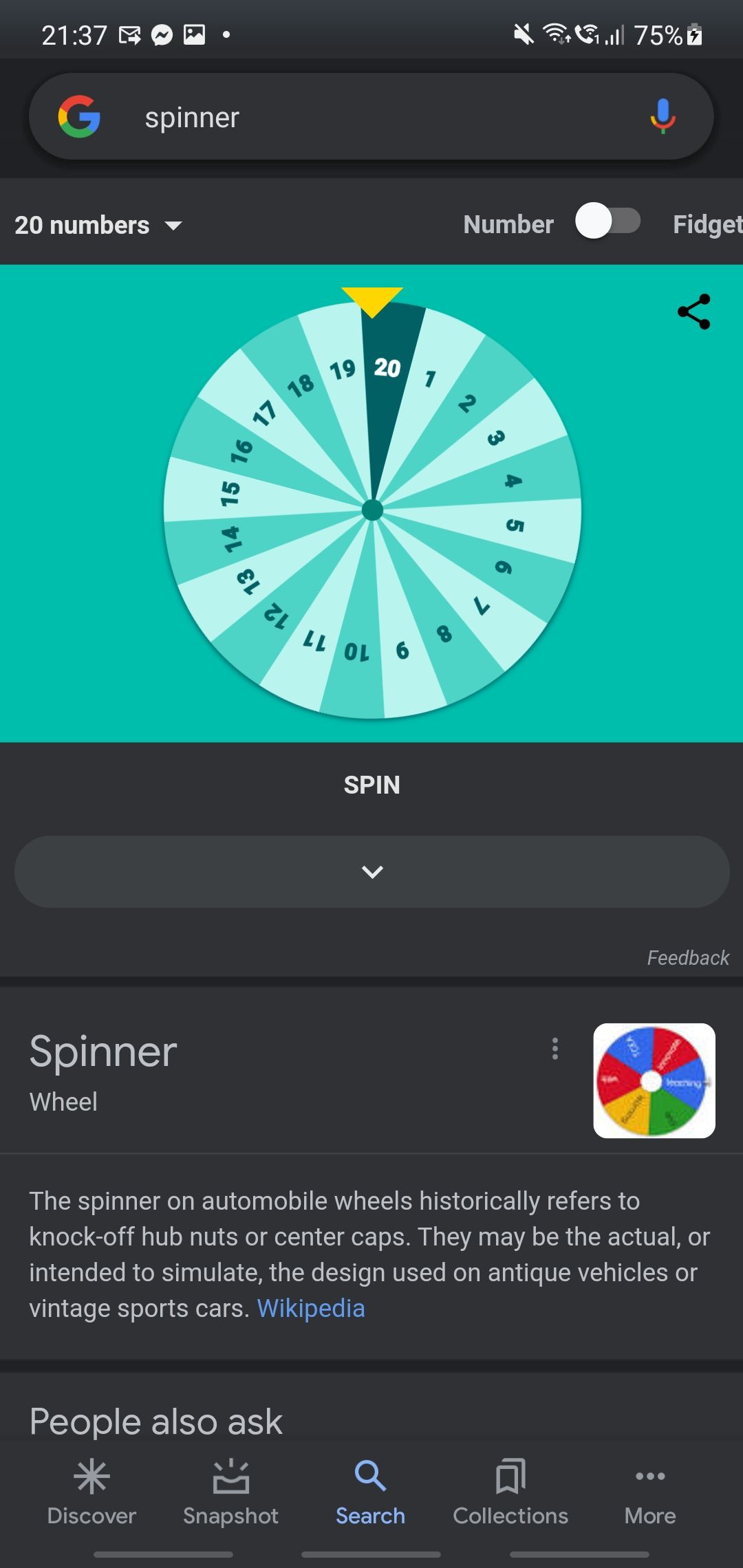 Number spinner with 20 results