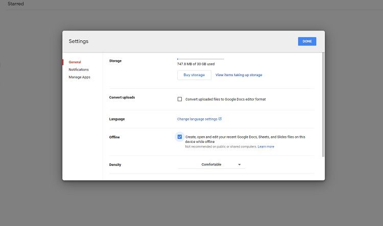 Image shows box for turning Google Drive Offline on and off