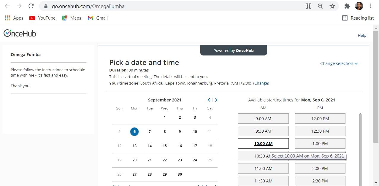 Screenshot on how to schedule a meeting on OnceHub