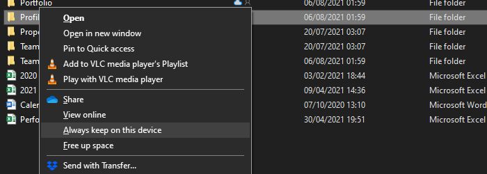 OneDrive always keep on this device option