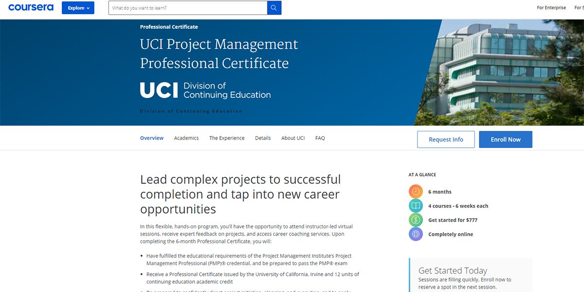 An image of Online PMP Courses Coursera webpage