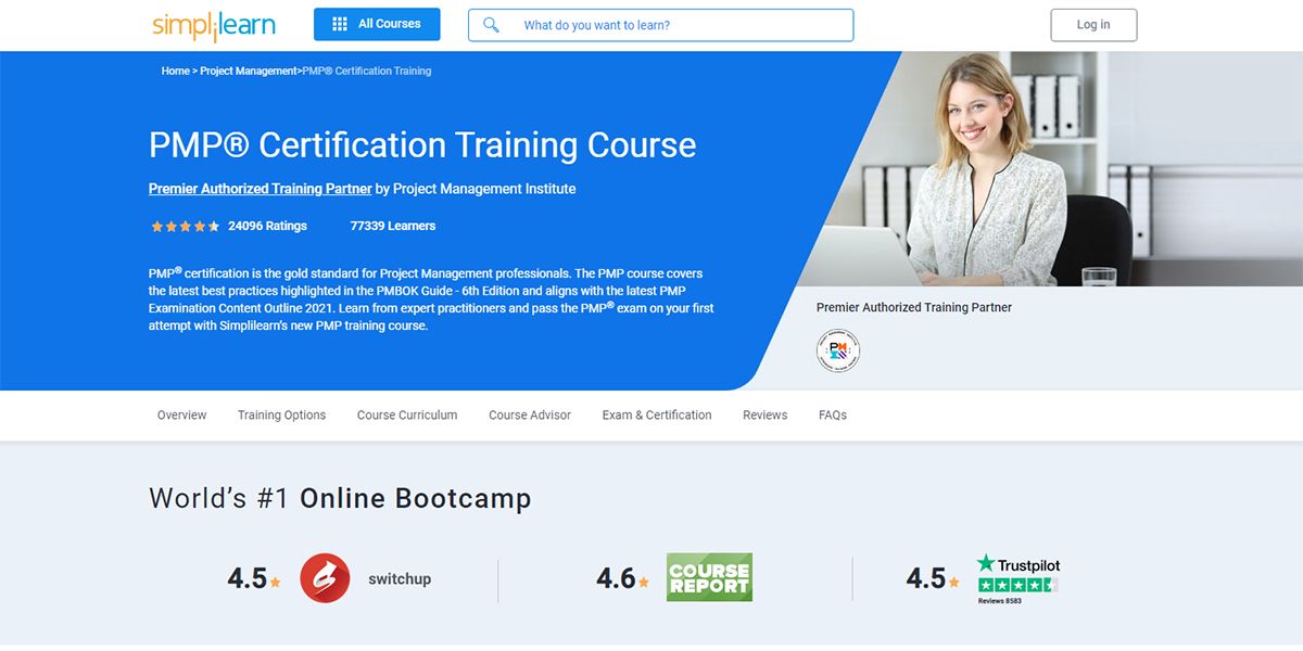 Simplilearn Online PMP Courses website visual