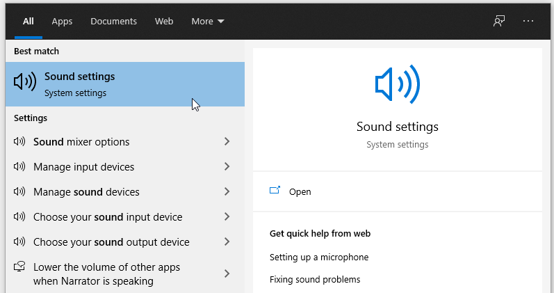 Opening sound settings using the Windows Search Bar