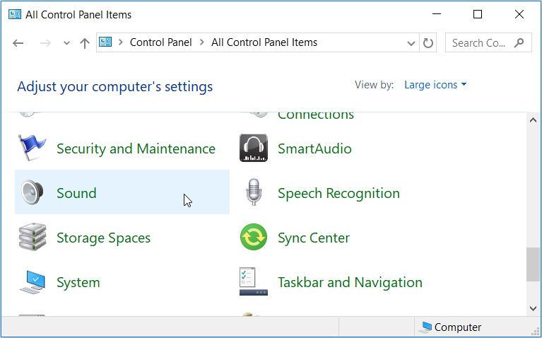 Opening sound settings using the Control Panel