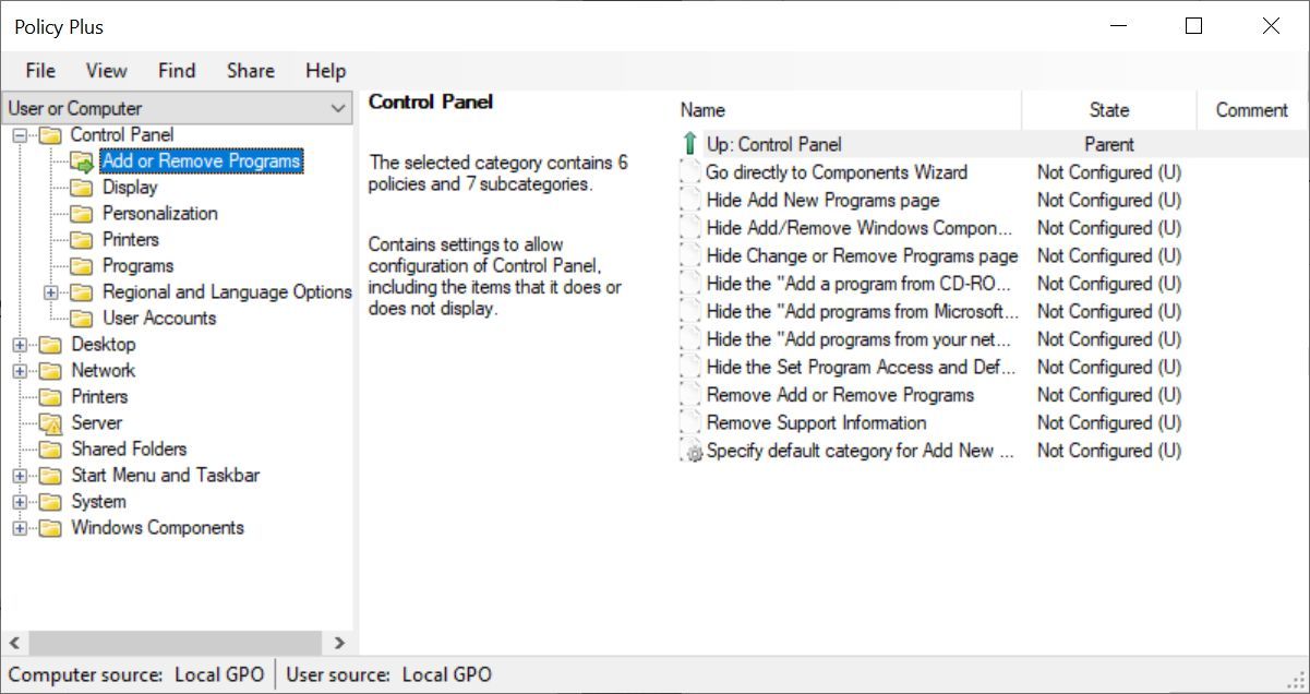 Policy Plus Add Remove Programs