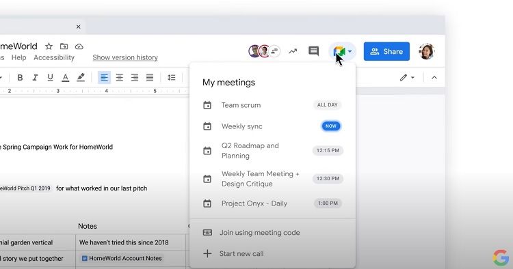 Image shows how to join a Google Meet meeting from inside a Google Doc