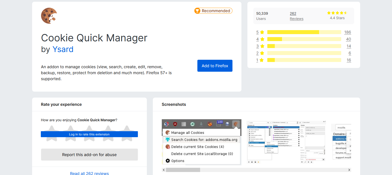 Screenshot of Quick Cookie Manager's Addon Page