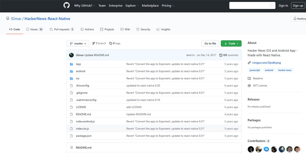 An image showing GitHub package of the HackersNews React Native app
