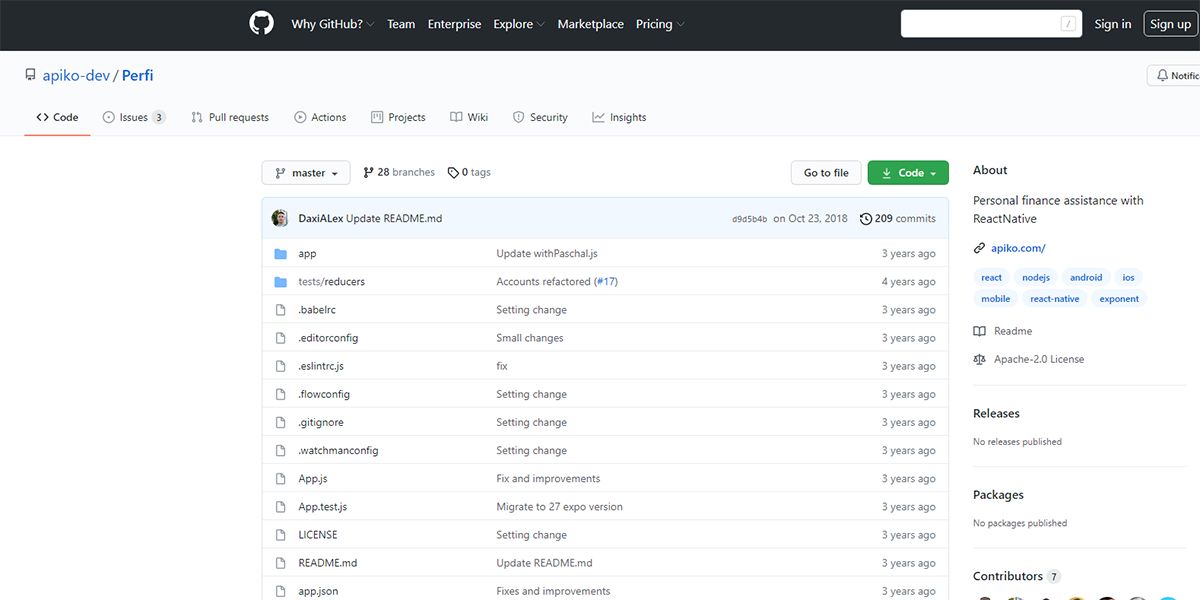 Graphical representation of Perfi app package on GitHub