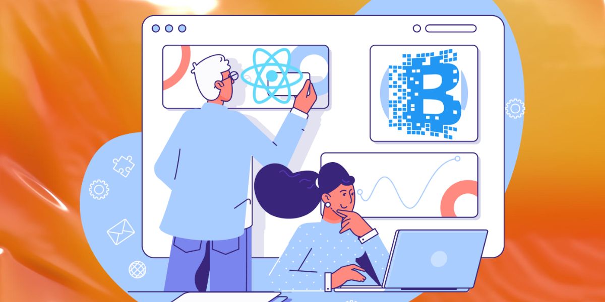 Illustration of people working on Blockchain and React Native based apps