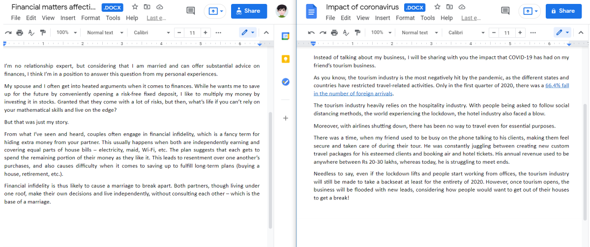 Compare docs side by side in Google Docs