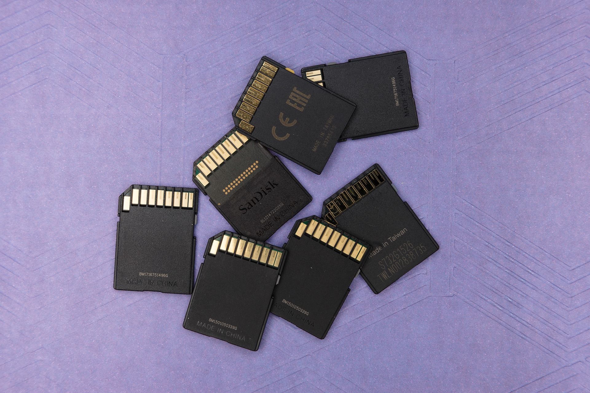 A group of SD cards on a purple background
