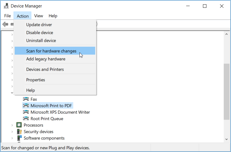 Scanning for hardware changes on Microsoft Print to PDF driver - 7 modi per risolvere lo strumento Microsoft Print to PDF di Windows
