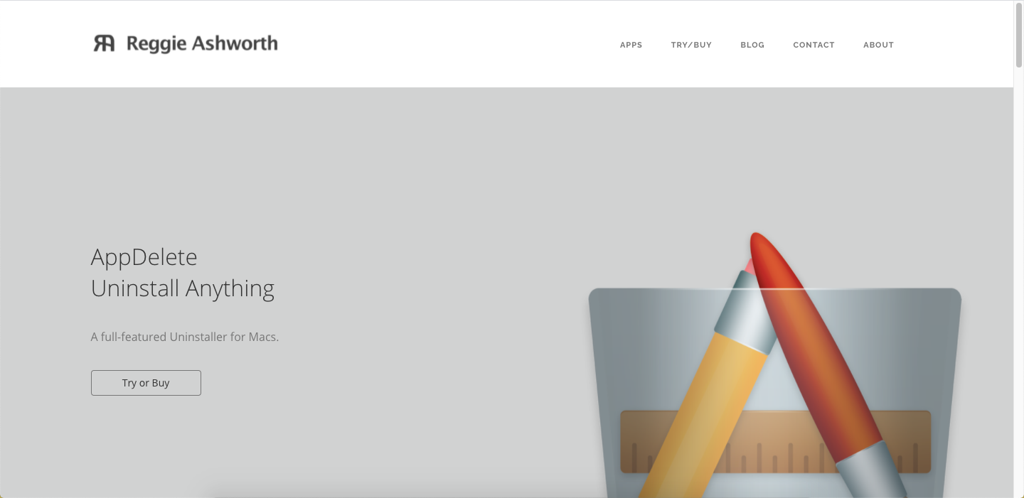A screenshot of Reggie Ashworth's website, the developer for the AppDelete application