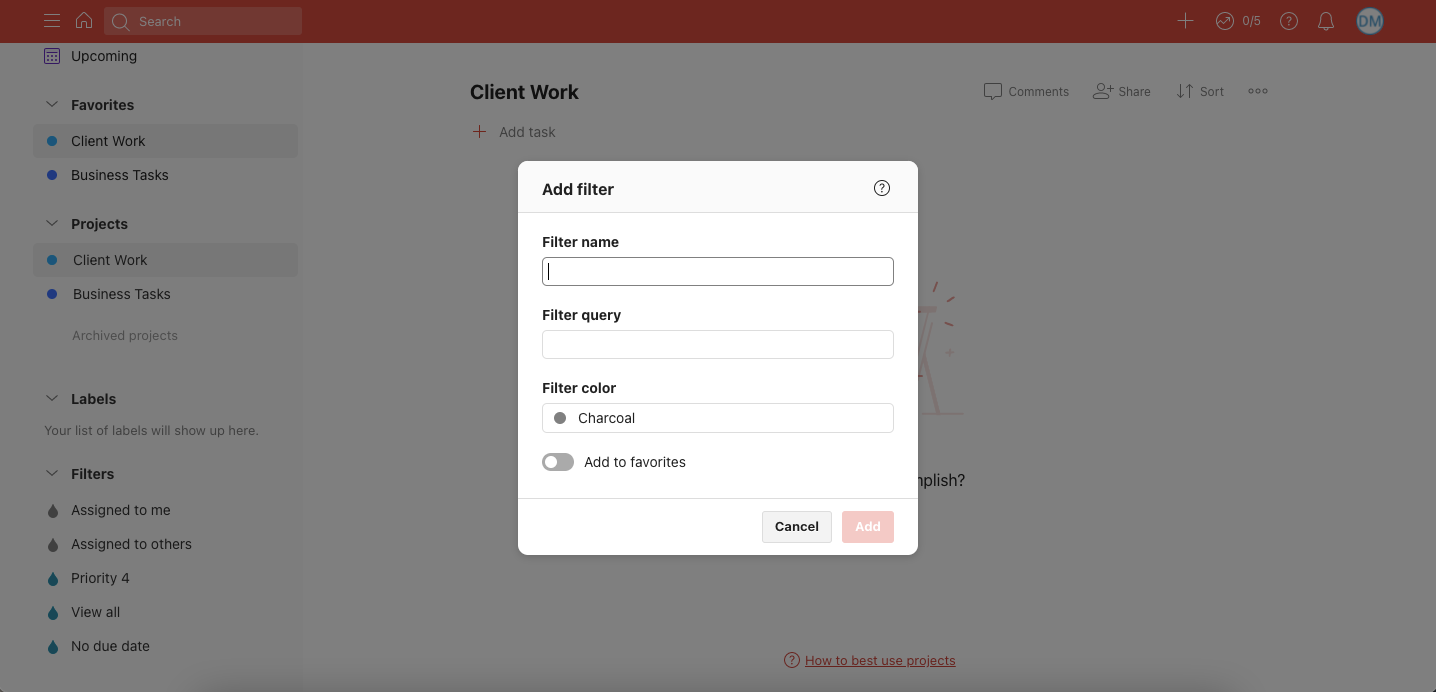 Screenshot showing option to customize filter on Todoist