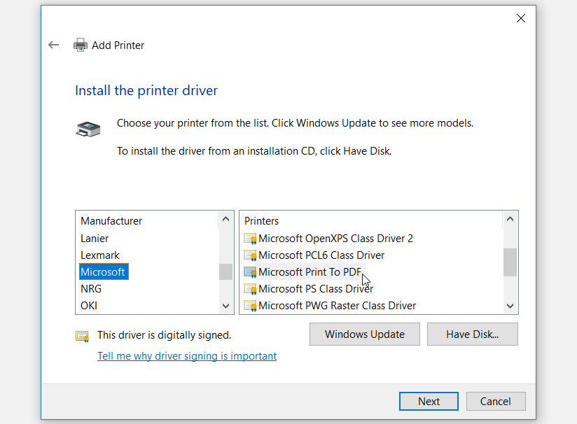 Selecting Microsoft under the Manufacturer options - 7 modi per risolvere lo strumento Microsoft Print to PDF di Windows