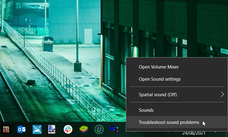 Selecting Troubleshoot sound problems from the sound icon options