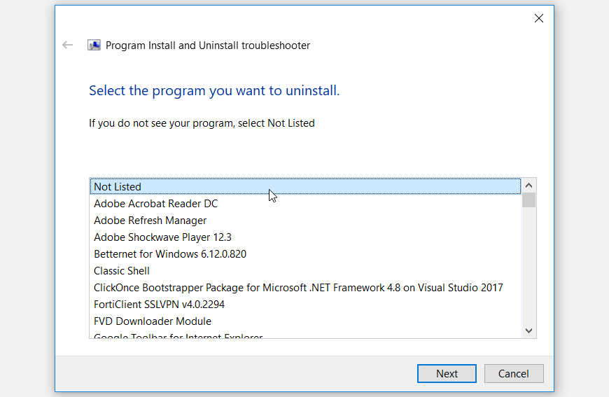 Selecting a program to uninstall