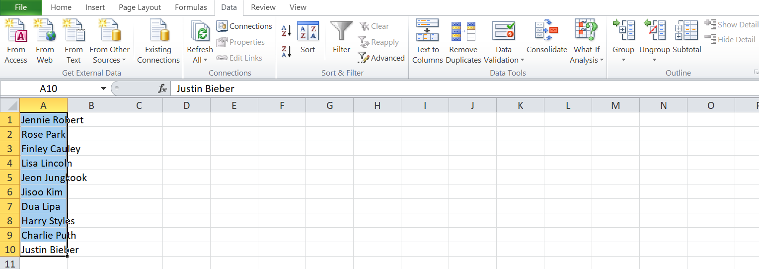 Selecting data in MS Excel