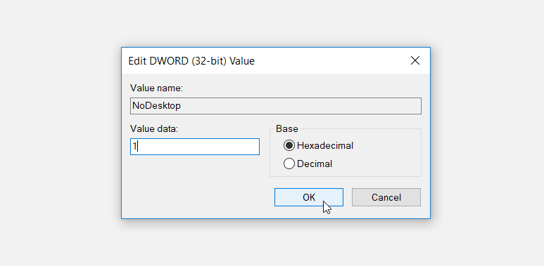 Setting the NoDesktop Value data to 1