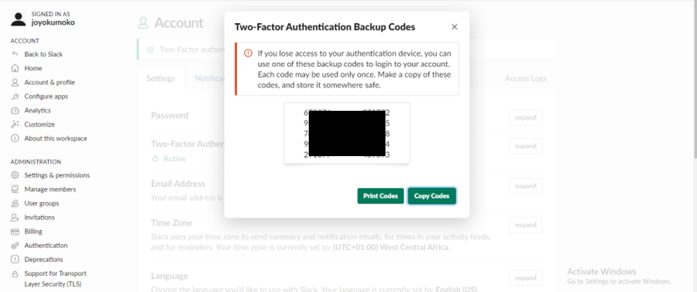 Slack 2FA Authentication Backup Codes