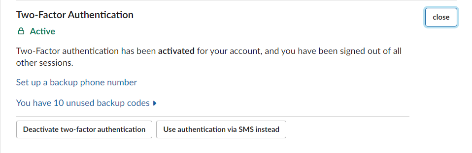 Slack 2FA click Deactivate two factor authentication