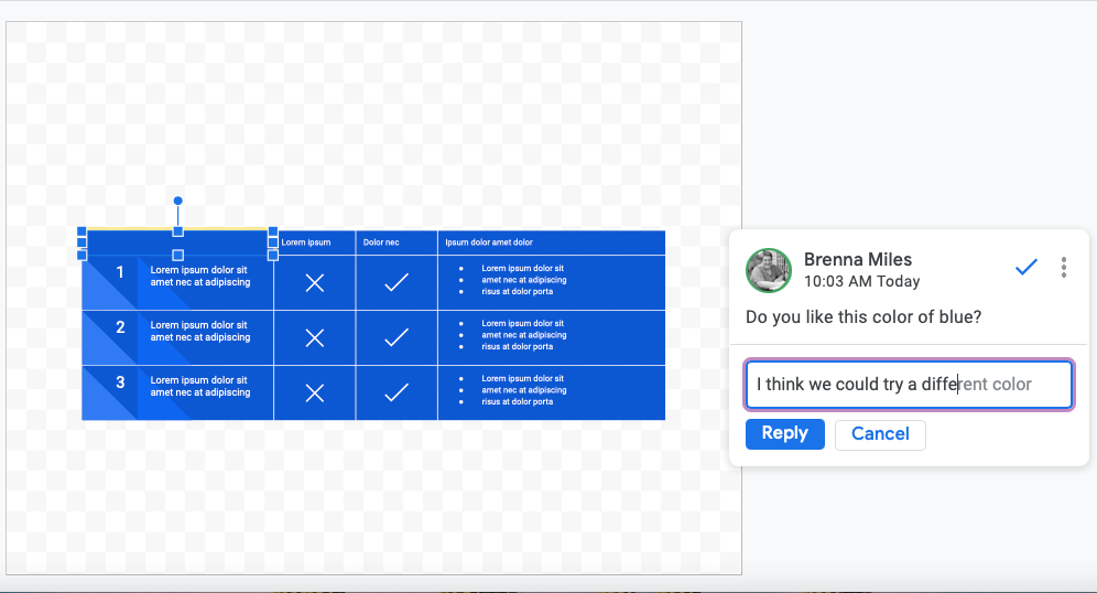 Image shows a smart reply comment inside Google Drawings
