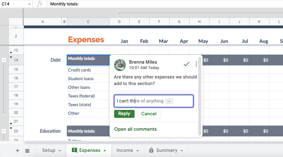 Image shows smart reply comment inside Google Sheets.