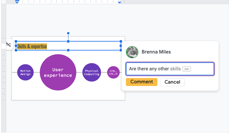 Image shows a smart reply to a comment in Google Slides.