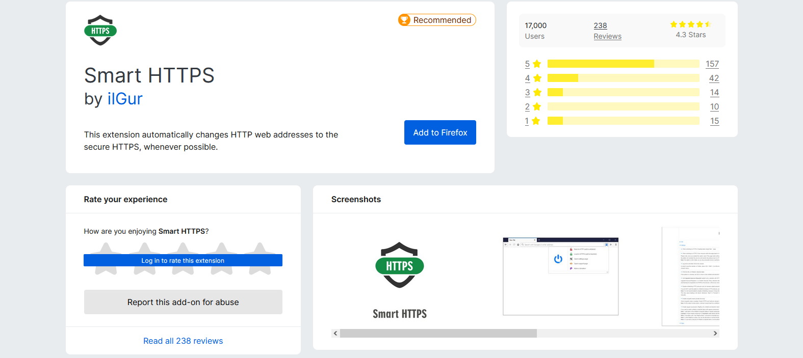 Screenshot of Smart HTTPS' Addon Page