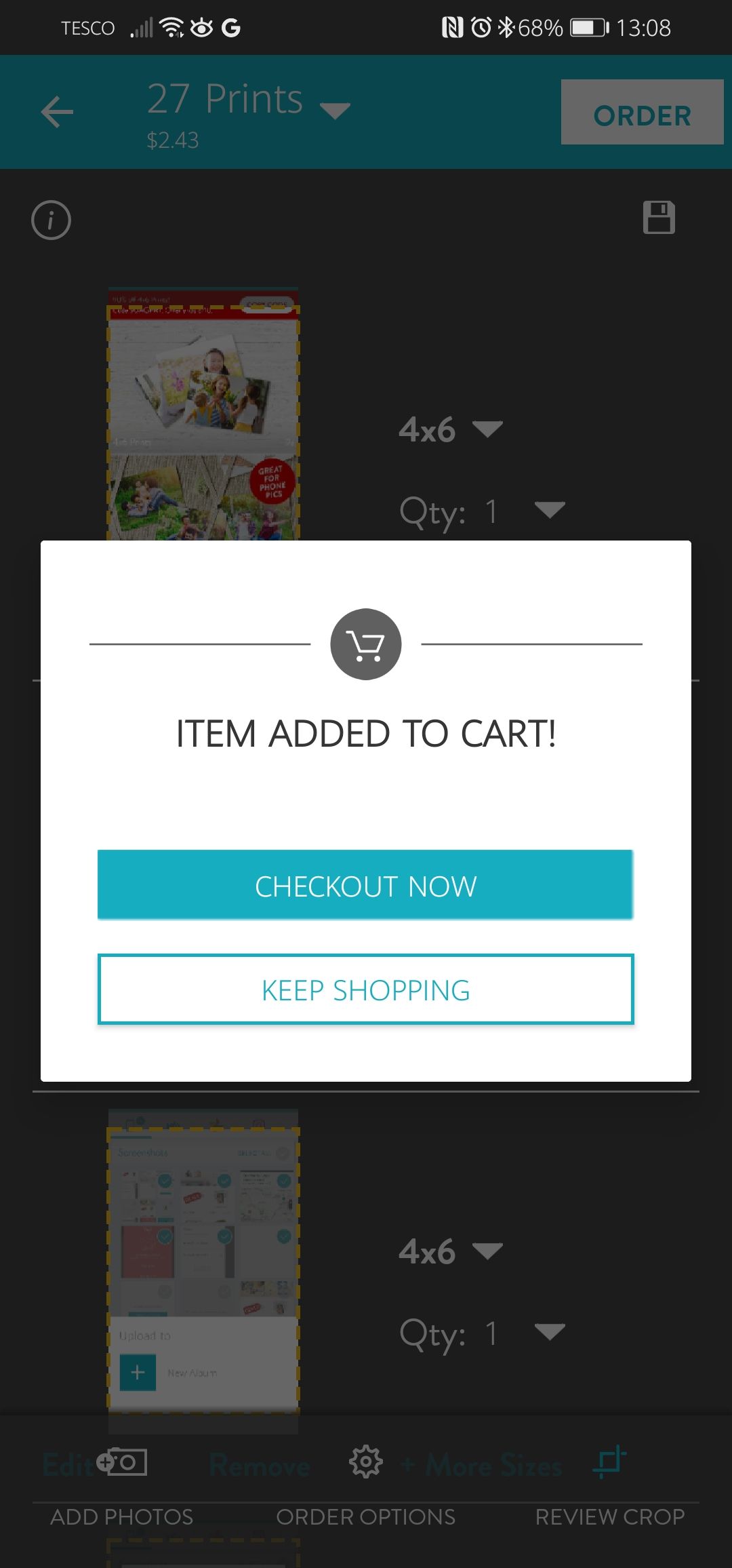 Snapfish added to cart