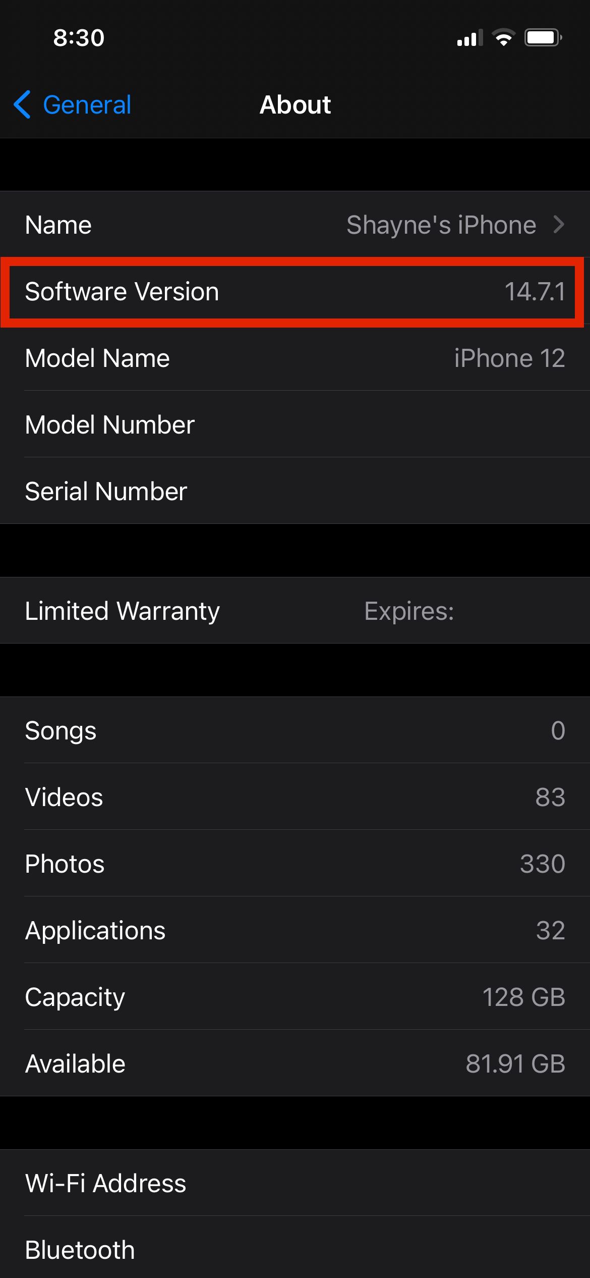 Software Version in General in iPhone Settings