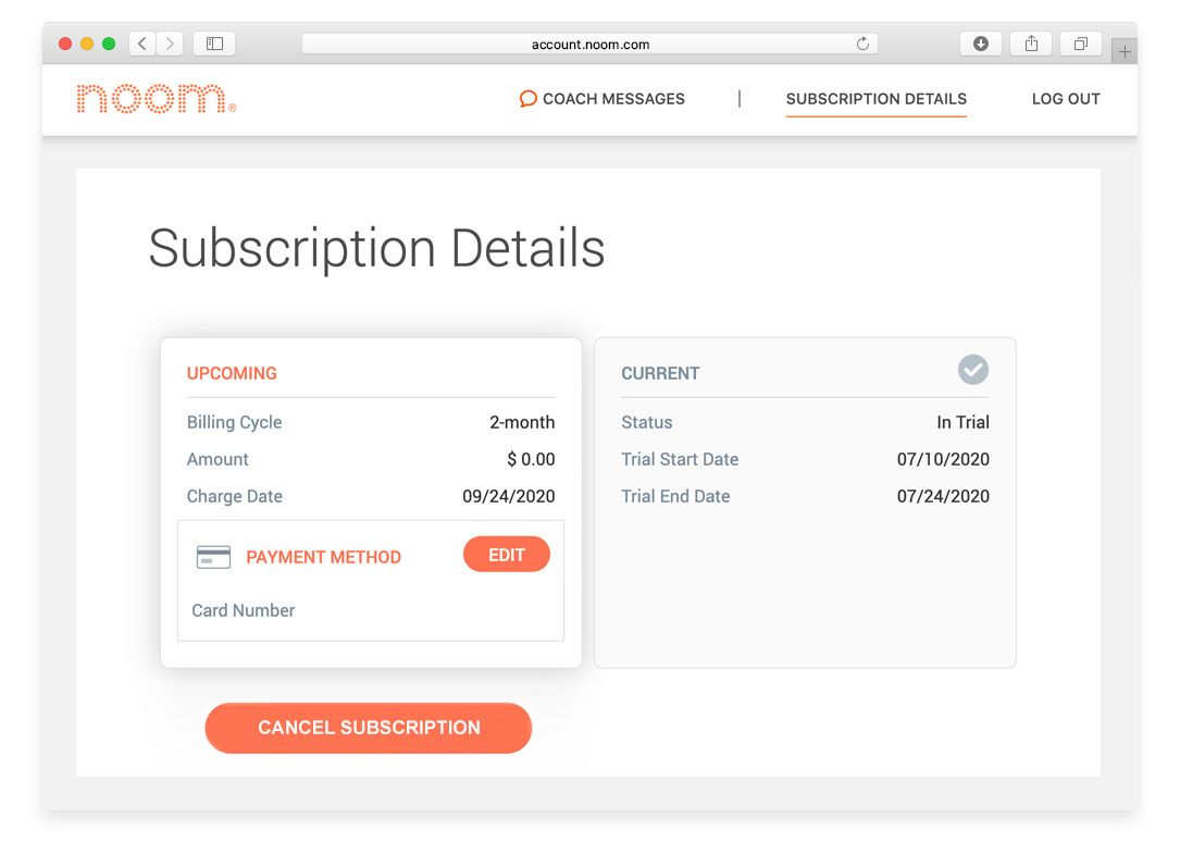 The Subscription Details tab on the Noom site. The Cancel Subscription button is visible