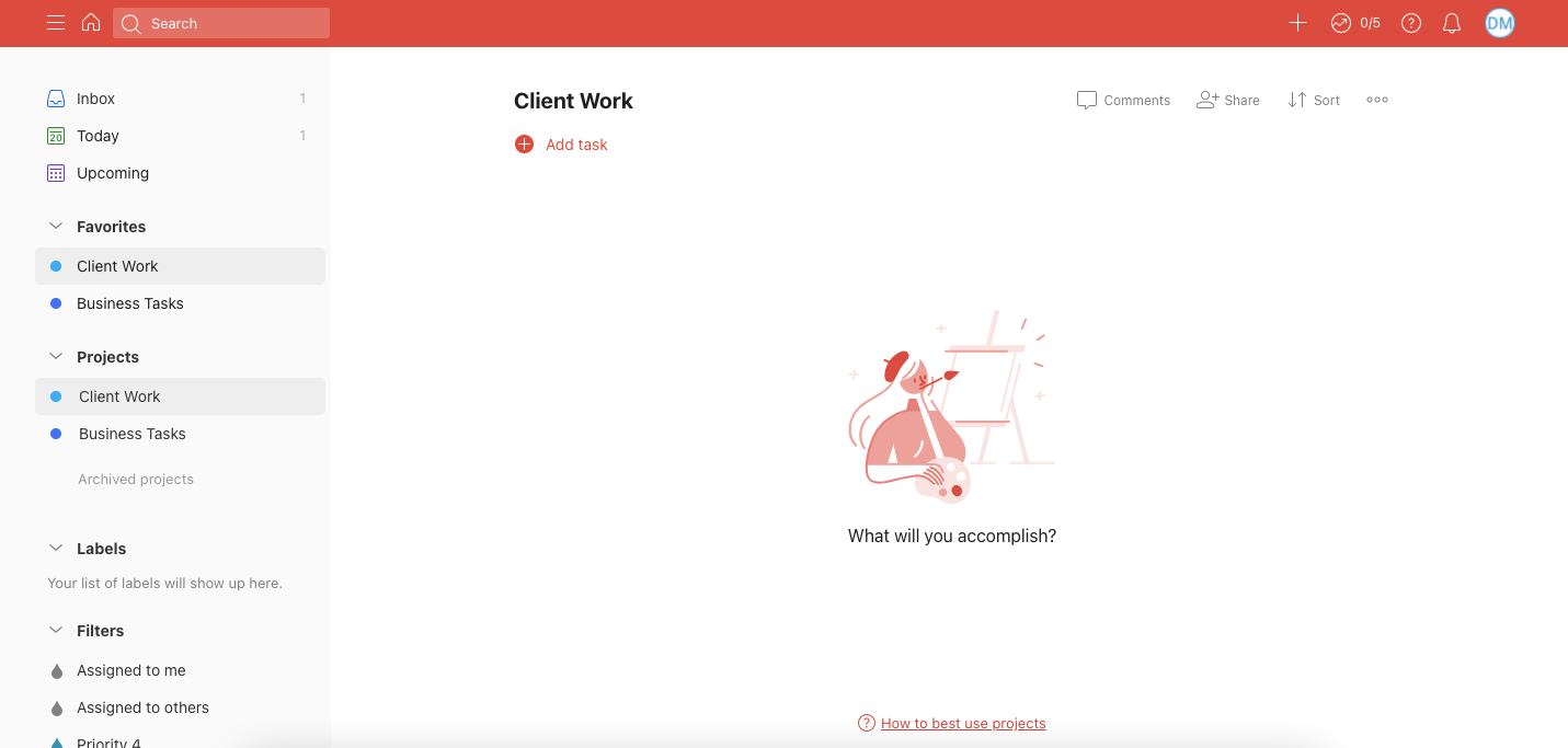 Screenshot showing how to add new tasks to a Todoist project